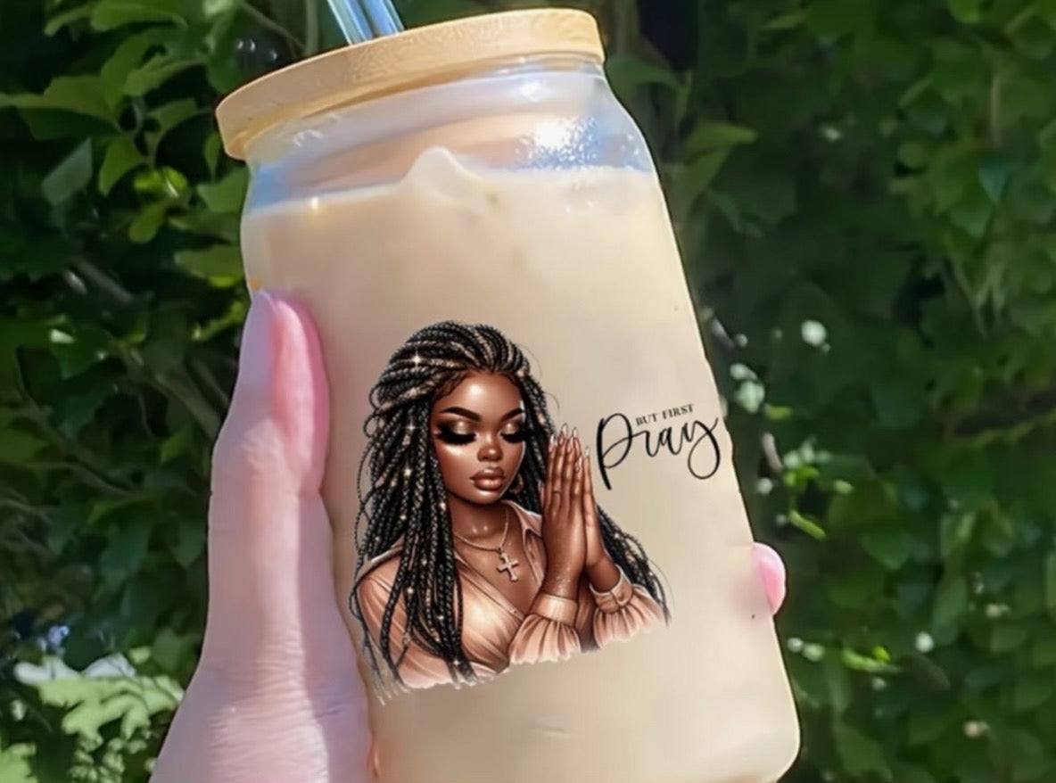 1 motivation black lady drinking glass with lid and straw