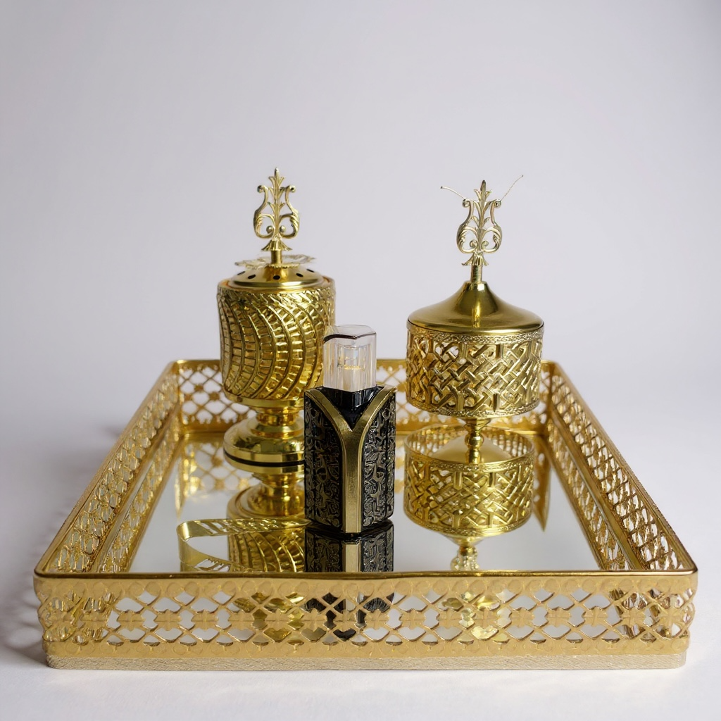 5 piece gold incense burner with tray burner,tongs,perfume bottle,and oud storage
