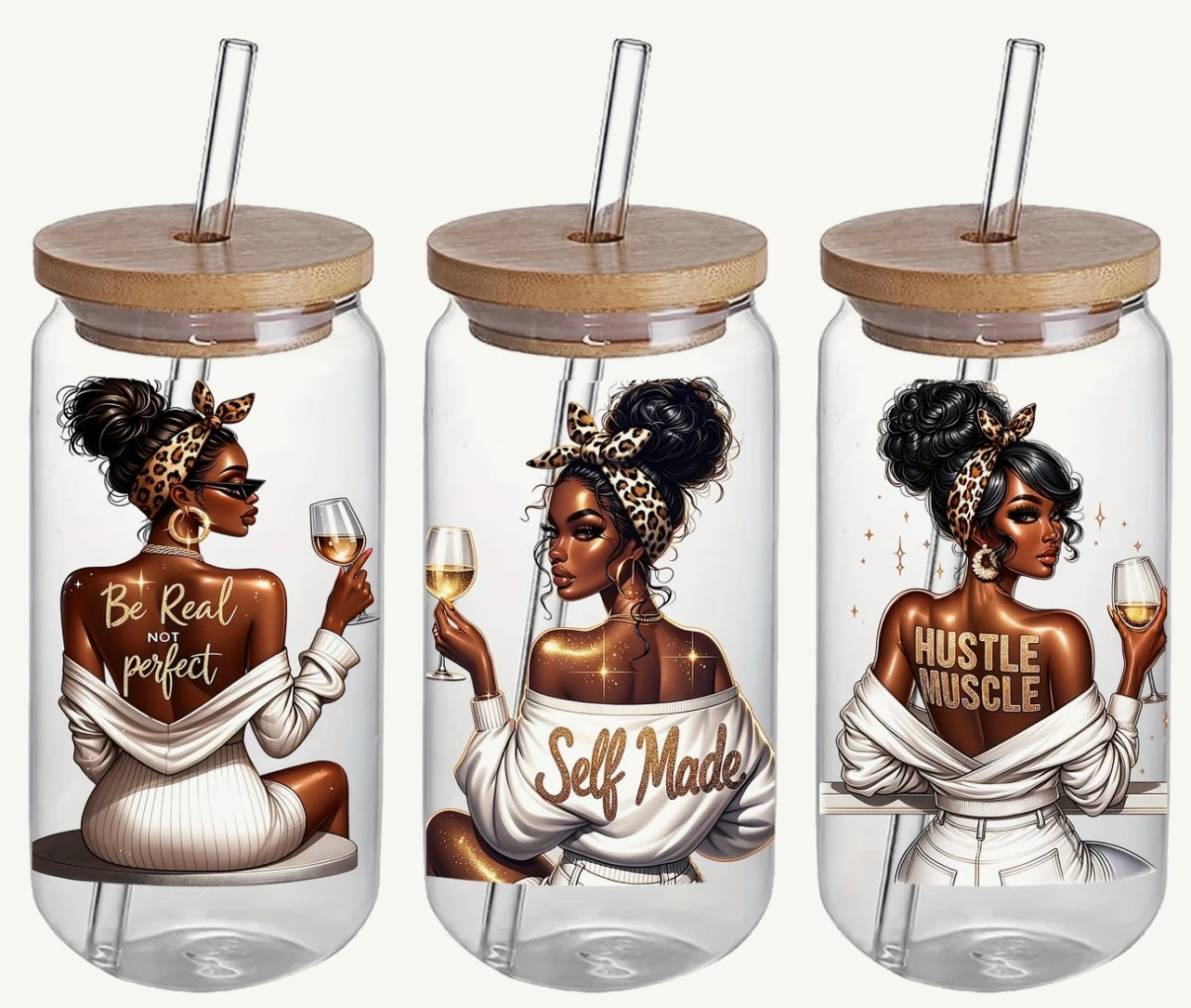 1 motivation black lady drinking glass with lid and straw