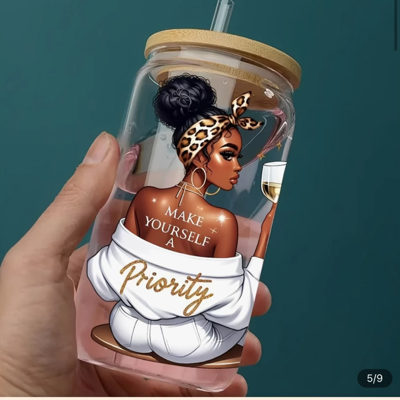 1 motivation black lady drinking glass with lid and straw