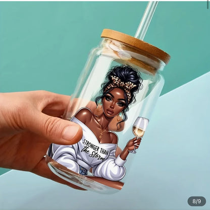 1 motivation black lady drinking glass with lid and straw