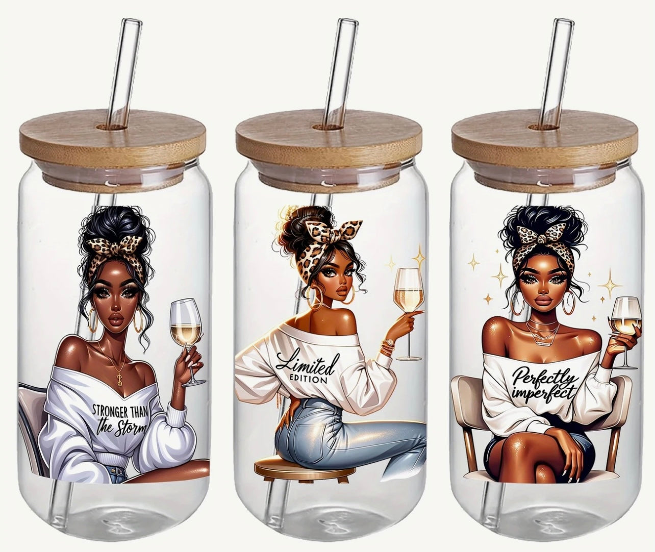 1 motivation black lady drinking glass with lid and straw