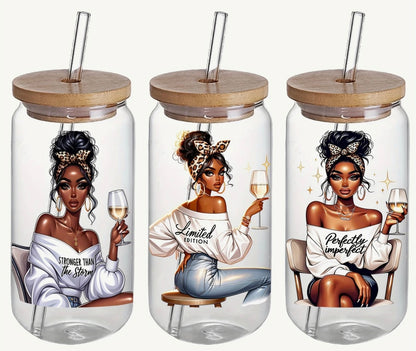 1 motivation black lady drinking glass with lid and straw