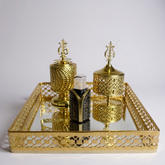 5 piece gold incense burner with tray burner,tongs,perfume bottle,and oud storage